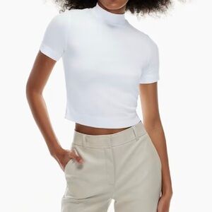 Aritiza Babaton Womens Light Blue Mock Neck Ribbed Short Gonzalo Hip T-Shirt XS